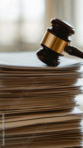 Wooden gavel rests on a stack of papers, suggesting legal proceedings, justice, or bureaucratic processes, symbolizing authority and decision-making