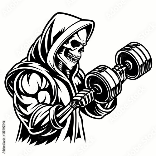 Illustration of a man lifting weights in the gym, showcasing strength and fitness with dumbbells and barbell equipment  Skull Vectors & Illustrations