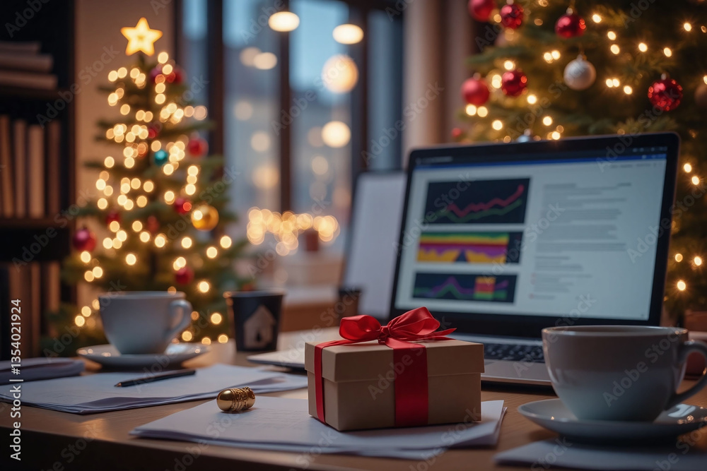 laptop computer sitting on top of a desk next to a christmas tree laptop computer sitting on top of a desk next to a christmas tree