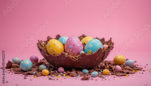 A delightful arrangement of pastel-colored chocolate Easter eggs led within a cracked chocolate egg bowl sits atop a bed of chocolate shavings and sprinkles against a