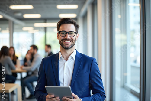 man in a suit and glasses holding a tablet