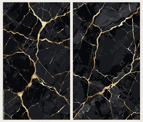 Set of Modern black and gold marble backgrounds, granite texture, elegant dark card design for birthday invite, wedding, wall art, cover. Vector realistic illustrations.