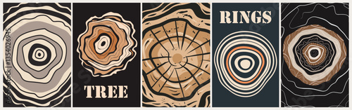 Set of modern abstract backgrounds, covers, beige black posters with tree rings drawings. Vector monochrome simple stylized illustrations for interior decoration, wallpaper, print, packaging design.