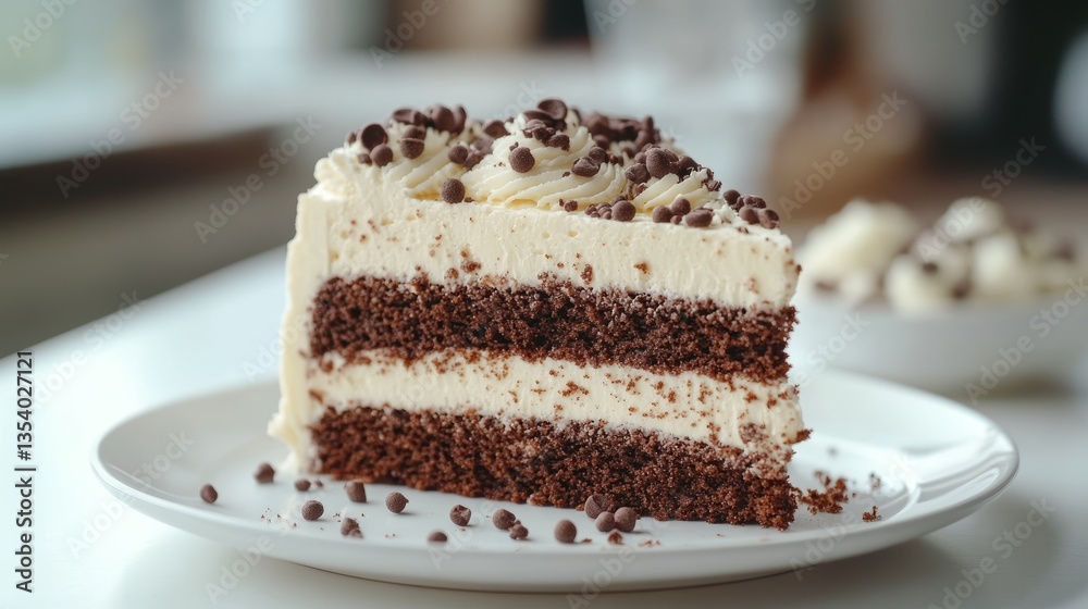 Delicious Cake Slice on White Table, Side View with Studio Lighting Delicious Cake Slice on White Table, Side View with Studio Lighting