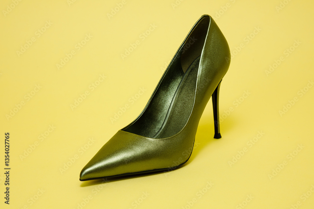 Green high hill shoe against yellow background.