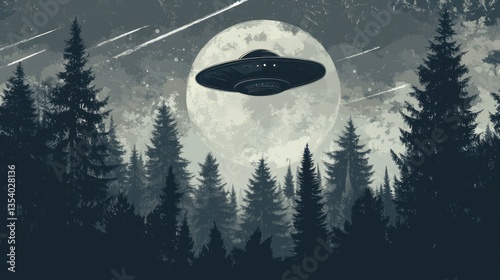 Graphic Illustration of a UFO Over a Forest in Black and White