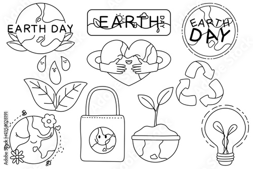earth day set save world save earth love earth doodle outline
