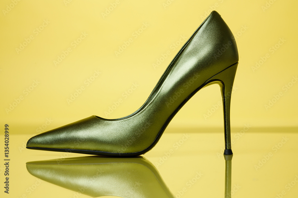 Green high hill shoe against yellow background.