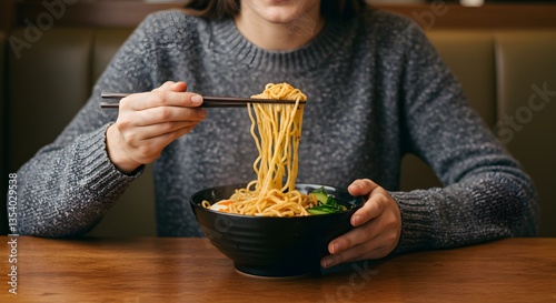 Person is eating noodles with chopsticks at a table