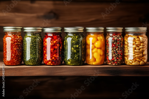 Colorful jars filled with preserved vegetables arranged neatly on shelf. Rustic wooden setting adds warmth. Concept of food preservation, home cooking, gourmet kitchens