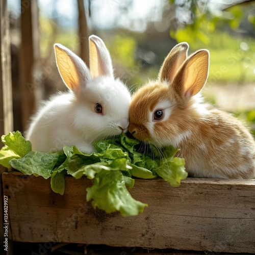 A group of fluffy white and brown rabbits nibbling on fresh green lettuce inside a clean wooden enclosure.