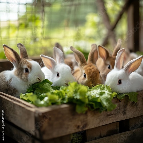 A group of fluffy white and brown rabbits nibbling on fresh green lettuce inside a clean wooden enclosure.