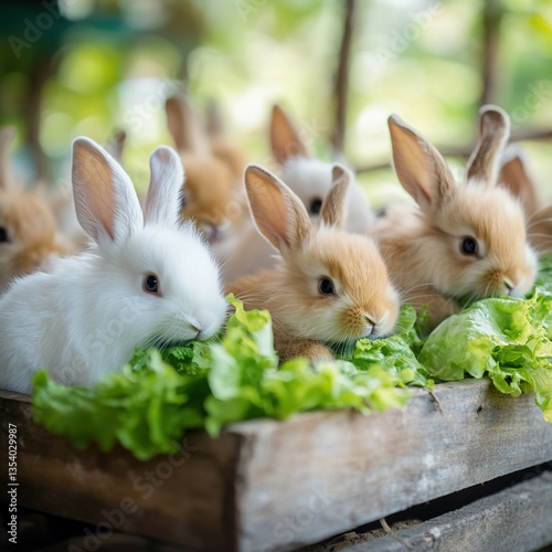 A group of fluffy white and brown rabbits nibbling on fresh green lettuce inside a clean wooden enclosure.