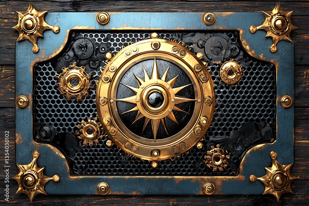 Fototapeta premium Steampunk Sun Gear Wooden Panel.