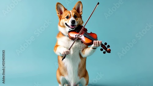 Playful dog with violin showcasing talent and joy in a vibrant blue background, perfect for comical and artistic projects
