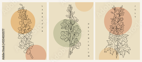 Set of Boho aesthetic botanical wall arts. Retro posters for Scandinavian, Japandi interior design. Vector line art illustrations in pastel beige colors with Larkspur, July birth month flower.