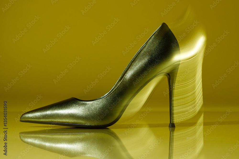 Olive high hill shoe with motion blur against olive background. Motion blur added intentionally