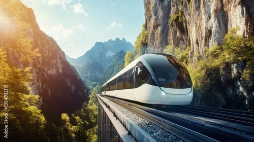 Modern, high speed, public transport is moving through beautiful mountain scenery