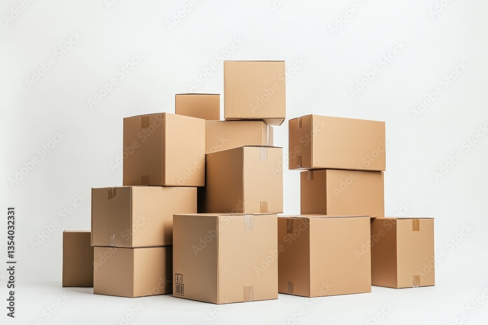 Neatly stacked cardboard boxes on a white background highlighting organized packaging and texture Neatly stacked cardboard boxes on a white background highlighting organized packaging and texture