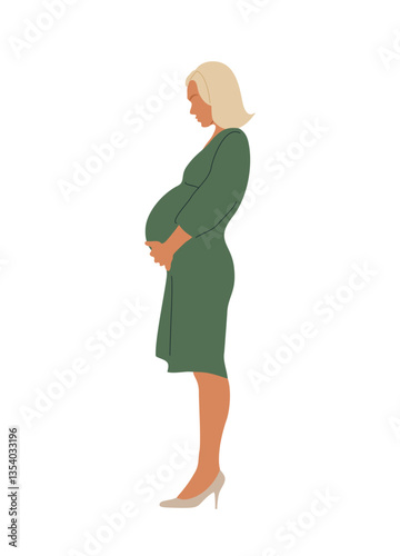 Pregnant woman standing side view, hands on belly. Mother expecting baby. Future mom. Pregnancy, motherhood concept. Female bearing kid. Flat vector illustration isolated