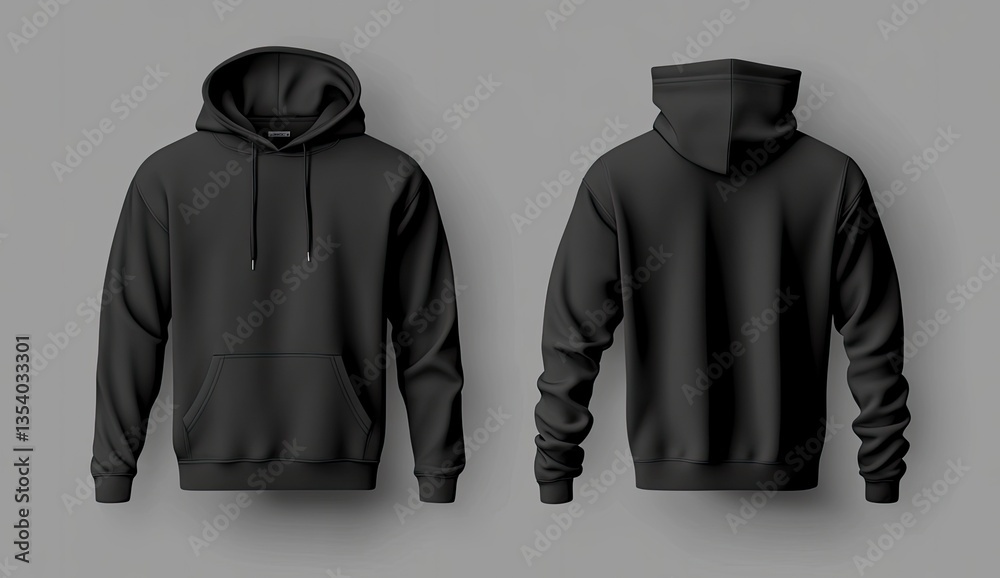 Blank black hoodie mockup.  Front and back views of a plain black hoodie.  Detailed design shows drawstrings, kangaroo pocket, and long sleeves