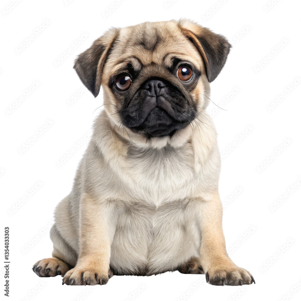 Cute pug dog with expressive eyes sitting calmly, showcasing its playful nature and charm Cute pug dog with expressive eyes sitting calmly, showcasing its playful nature and charm