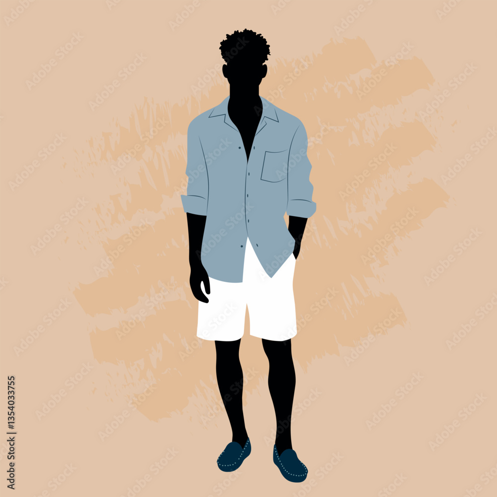 Minimalist vector illustration of a fashionable man in a linen shirt, white shorts and loafers. Trendy summer menswear with a silhouette effect and textured background. Elegant, stylish and versatile.