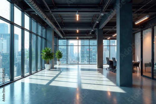 Wallpaper Mural Empty modern office space with a large glass wall and industrial lighting, office, interior Torontodigital.ca