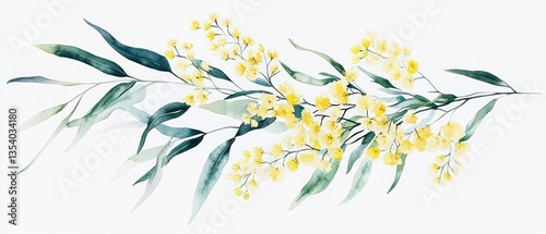 A delicate watercolor bouquet of Australian wattle flowers in soft yellow, paired with light green leaves