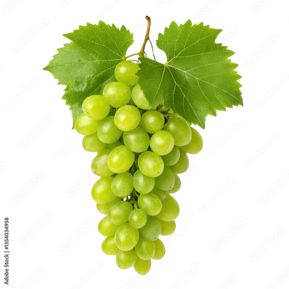 Obraz premium Fresh green grapes hanging from vine, showcasing their vibrant color and lush leaves