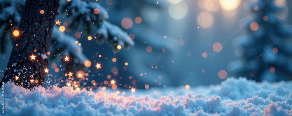 Enchanted winter scene with confetti stars and snowflakes gently falling, peaceful, sparkling Enchanted winter scene with confetti stars and snowflakes gently falling, peaceful, sparkling