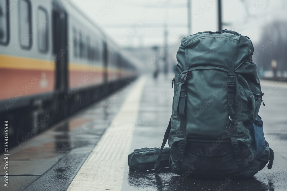 Obraz premium A hiking backpack on the platform of a railway station with a train on the background.