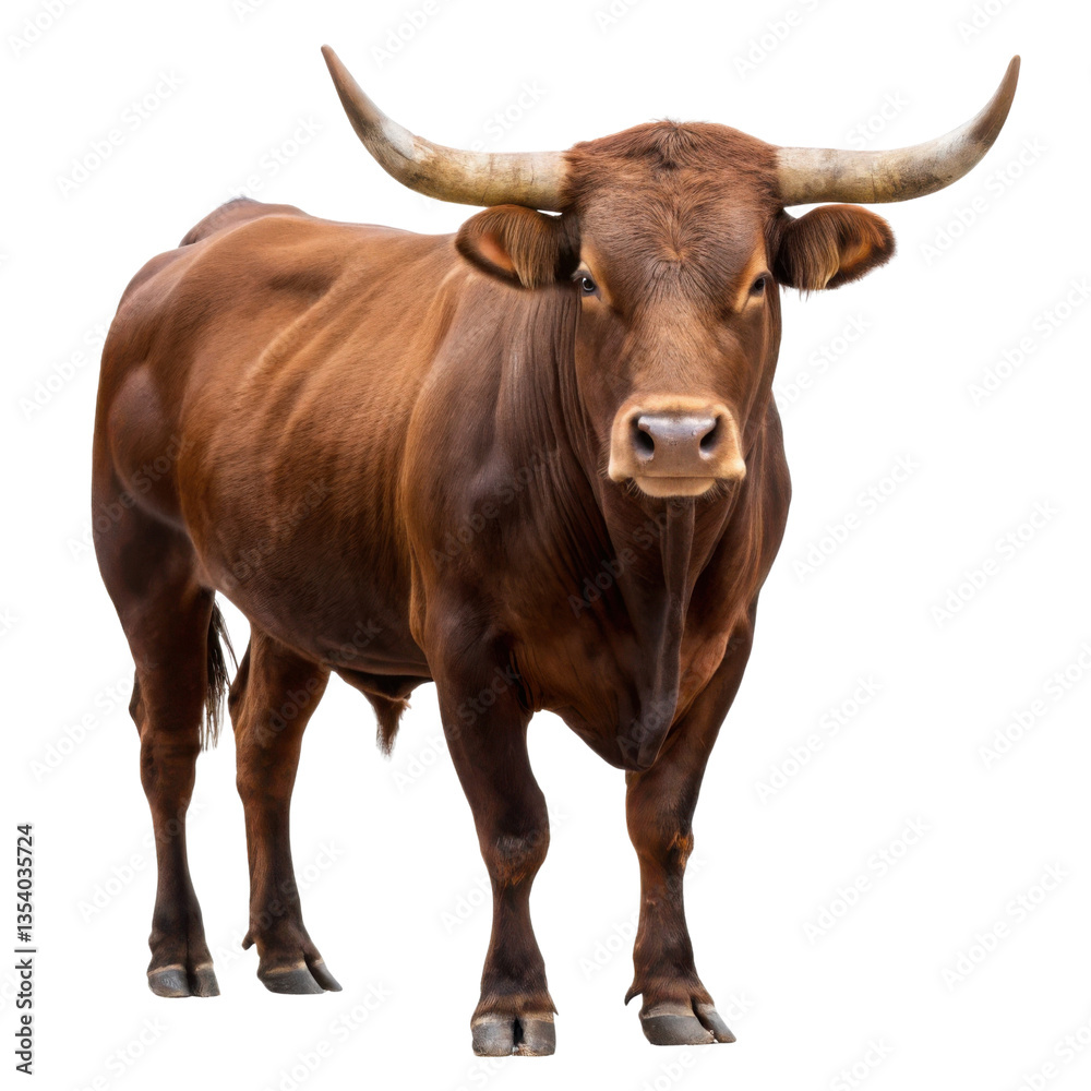 Naklejka premium strong and majestic brown cow with prominent horns stands confidently, showcasing its robust