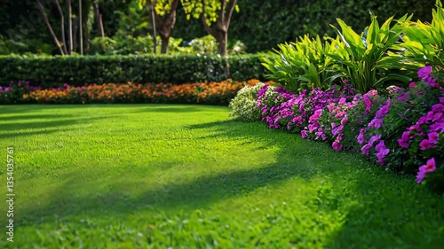A garden landscape showcases colorful flowers lining a lush green lawn in a peaceful outdoor setting