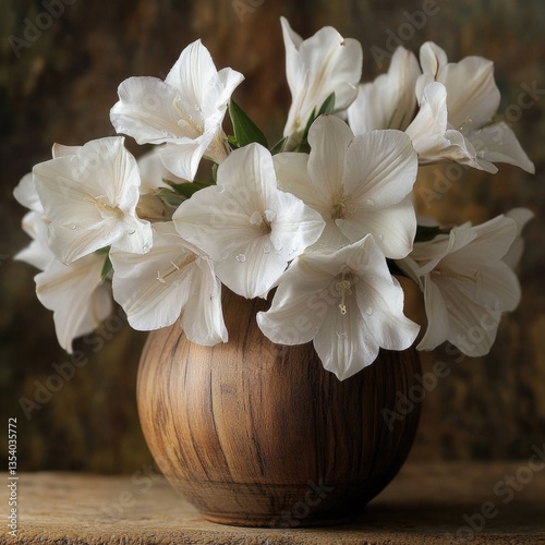 Wooden Vase with White Flowers