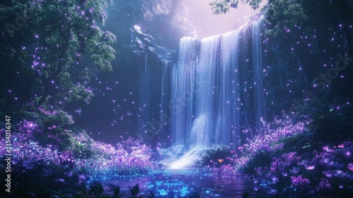 A magical glowing forest with towering crystal trees, shimmering waterfalls flowing upward, fantasy art style. photo