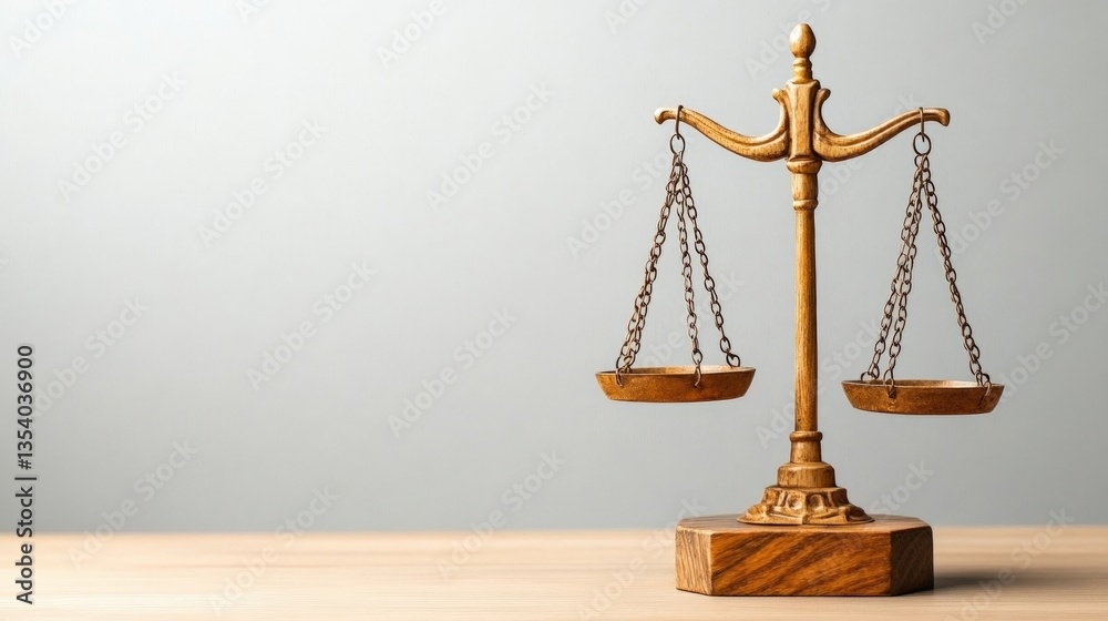 Golden scale of justice balanced on a rustic wooden surface against a soft, light gray background symbolizing law, fairness, and morality in society Golden scale of justice balanced on a rustic wooden surface against a soft, light gray background symbolizing law, fairness, and morality in society