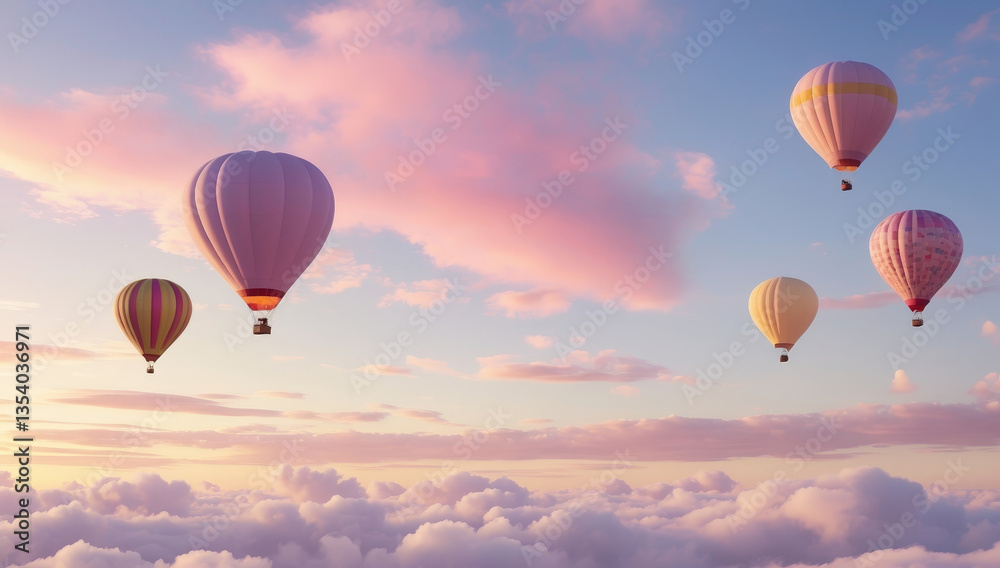 Obraz premium Balloons float gracefully in sky, surrounded by soft clouds and pastel sunset. scene evokes sense of freedom and adventure, perfect for those who dream of exploring skies