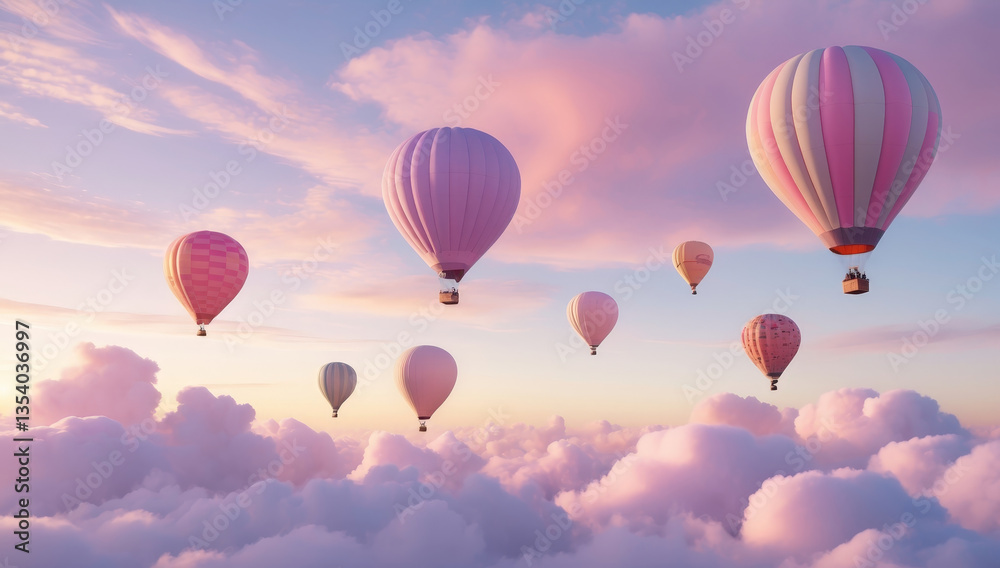 Obraz premium Breathtaking hot air balloons float gracefully in pastel sky, surrounded by fluffy clouds, creating serene and dreamy atmosphere. soft colors evoke sense of tranquility and wonder