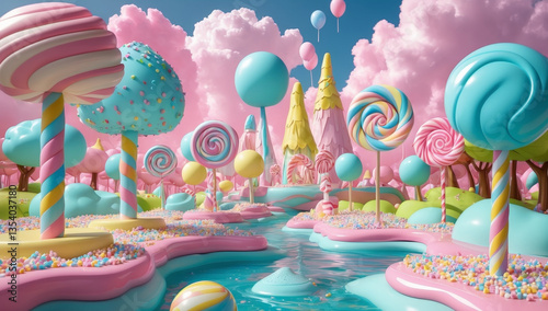 whimsical candyland scene featuring colorful trees, oversized lollipops, and sparkling river. vibrant pink clouds and playful pastel colors create joyful and enchanting atmosphere