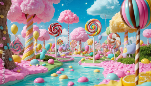 whimsical candy landscape filled with colorful trees, oversized lollipops, and fluffy cotton candy. vibrant scene evokes sense of joy and sweetness, perfect for dreamlike adventure