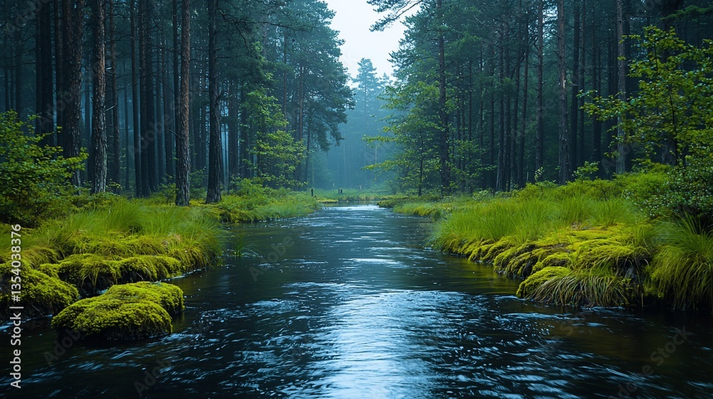 Obraz premium Misty forest stream, green moss, tranquil scene.