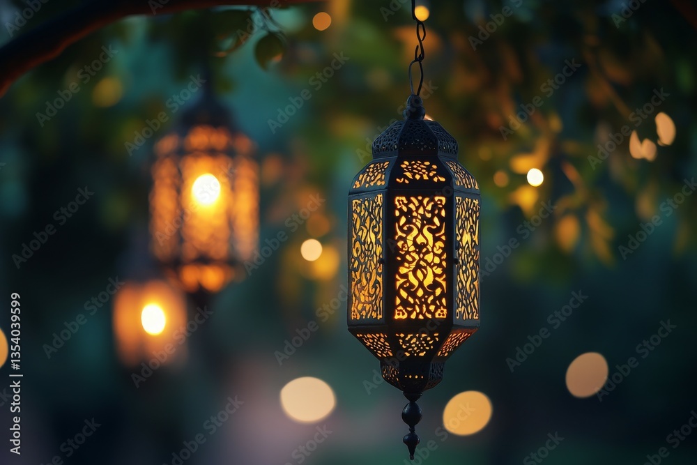 Decorative lanterns glowing softly in a serene outdoor setting. Decorative lanterns glowing softly in a serene outdoor setting.