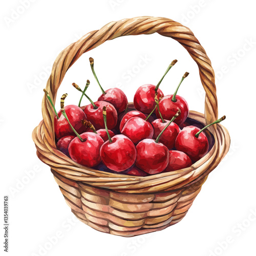 watercolor of Sweet Cherry Basket, isolated on a white background.