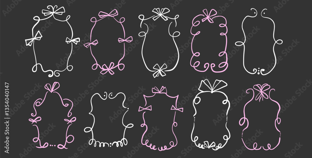Doodle coquette frames with bows. Vintage line wavy border with ribbons set. Vector cute scribble curly rectangle and oval template foe holiday menu. Minimalistic cadre birthday hand drawn.