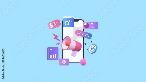 Digital Marketing Concept Animation. Animated Smartphone Surrounded By Digital marketing Signs Or Icons. Digital Marketing Strategy Analysis, Online Advertising, Online Marketing Concepts Animation.