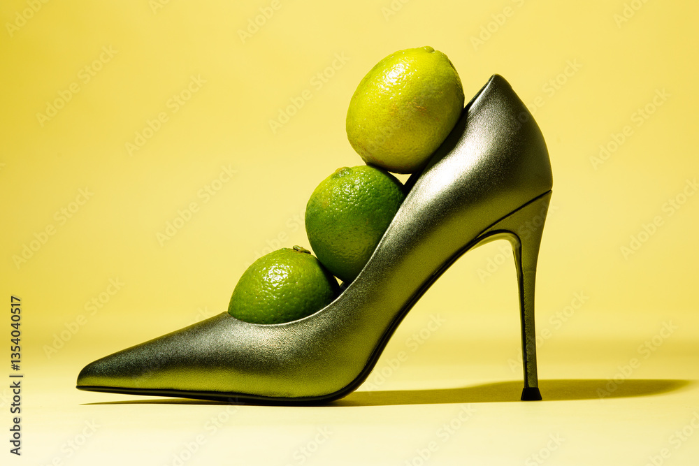 Composition of green high hill shoe with lime against yellow background