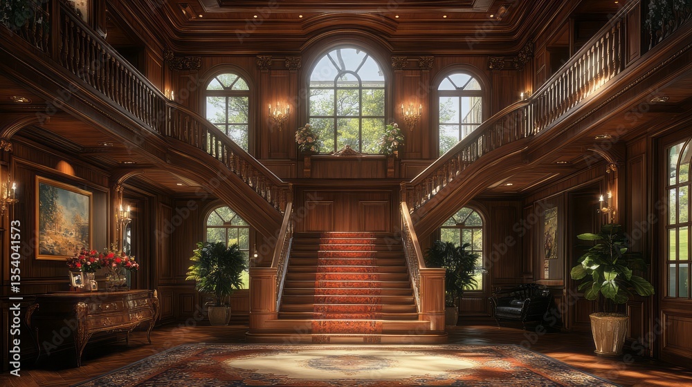 Obraz premium Grand wooden staircase dominates an elegant interior of a mansion