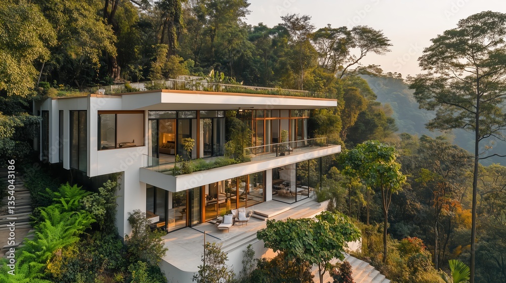 Fototapeta premium Luxury house,a dreamy, nature-harmonized modern white glass villa on a Ramsar hillside