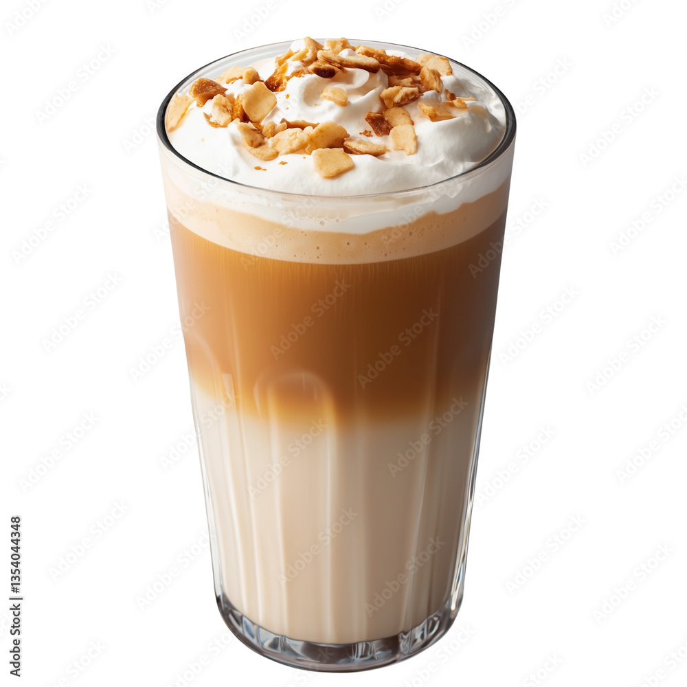 A delicious layered coffee drink topped with whipped cream and sprinkled with nuts, served in a tall glass. isolated on white background and transparent background